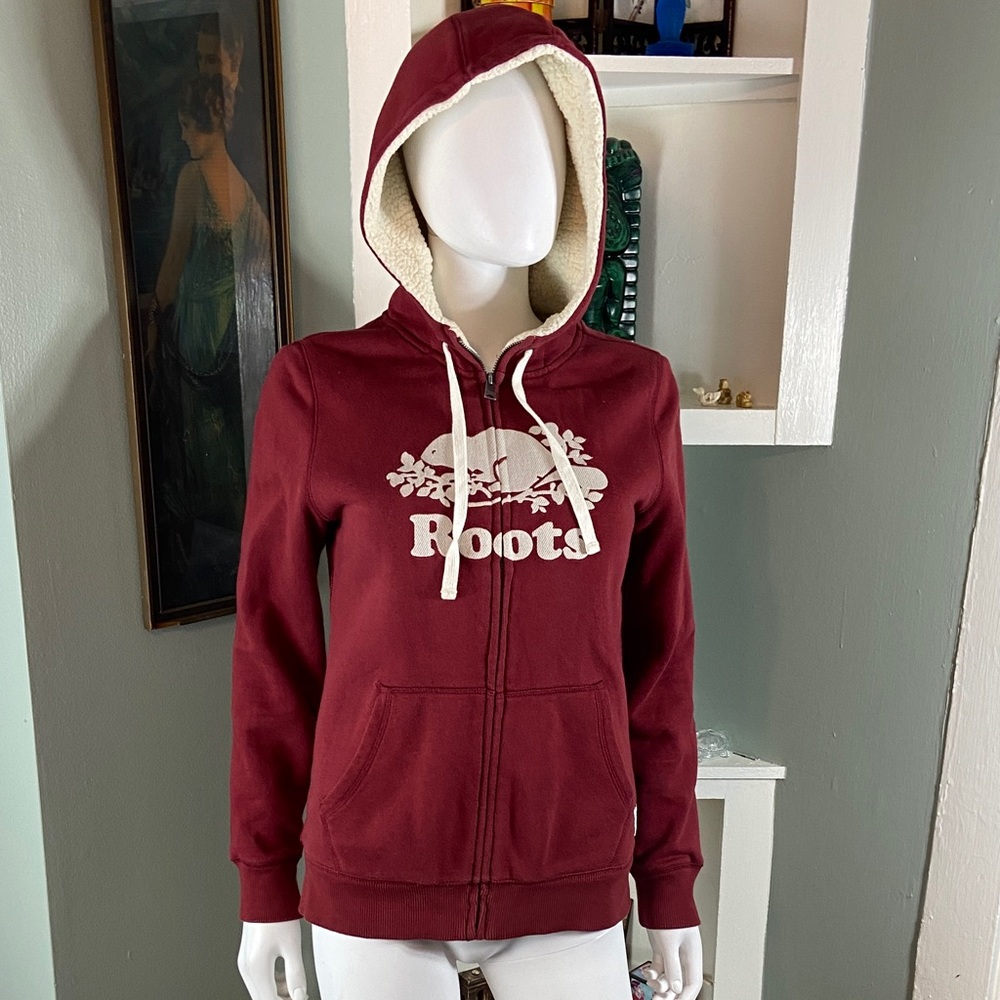 Roots Canada Maroon Zip Hooded Hoodie Sherpa Fleece Sweatshirt Beaver Hood Small